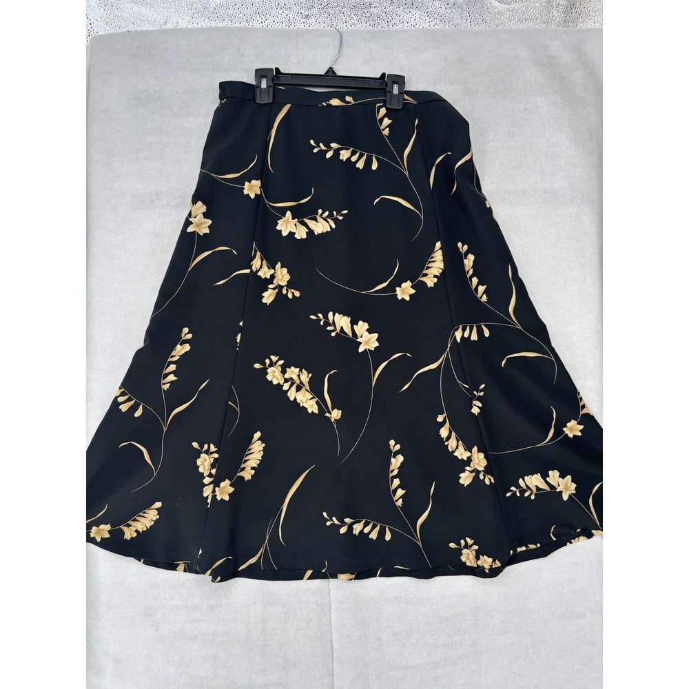 Floral A-line Long Skirt Black & Yellow Women's Size 12P Cottagecore Office